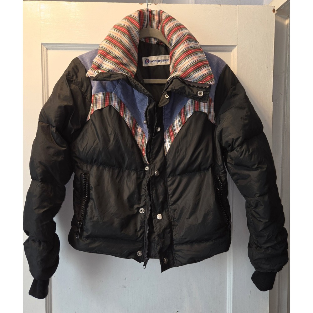 1986 Obermeyer Dakota Womens Down Insulated Puffer Jacket. Plaid Panels. Cord M